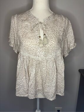 Olivaceous Beige Leopard-Print Tassel Peasant Top